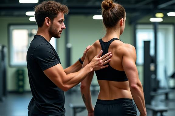 Entrenador personal ajustando la postura de un cliente en Madrid